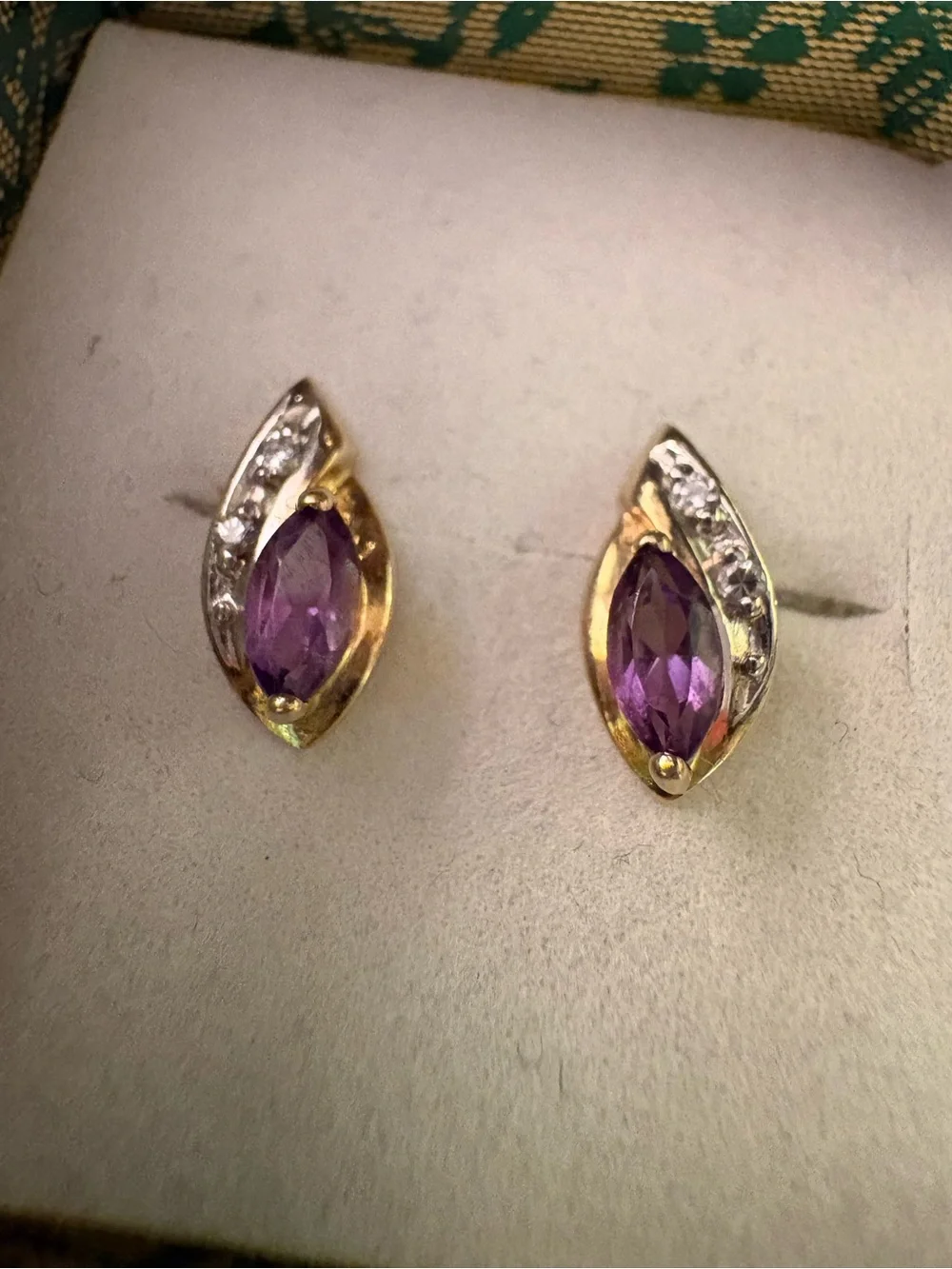 10k Gold Marquise Amethyst Stud Earrings with Diamond Accents